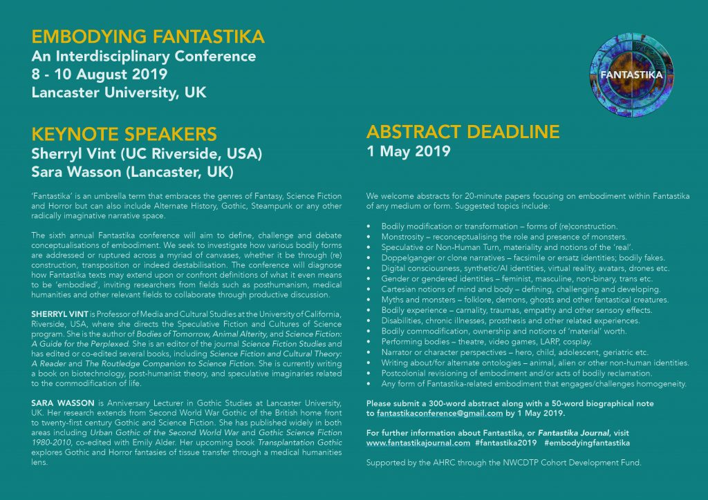 Embodying Fantastika at Lancaster University, 8-10 August 2019