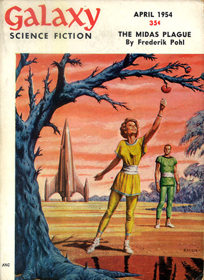 Cover of Galaxy Magazine, featuring 'The Midas Plague' by Frederik Pohl.